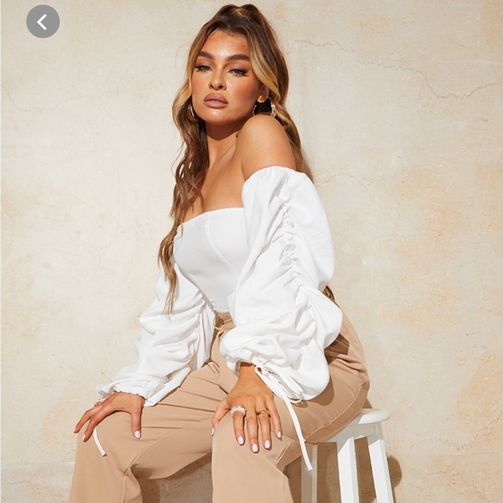 White woven Bardot extreme ruched long sleeve bodysuit